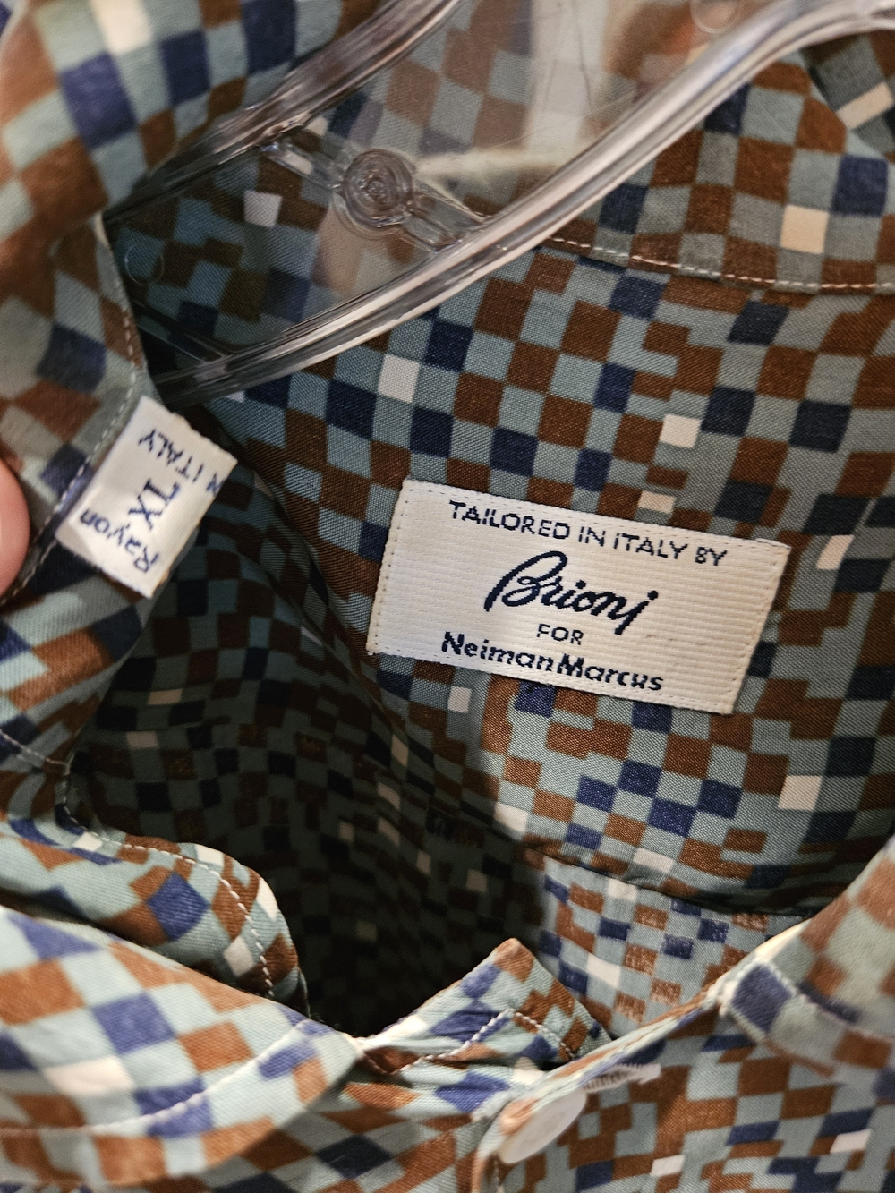 Vintage Brioni for Neiman Marcus Geometric Print Button-Up — Blue & Brown-XL